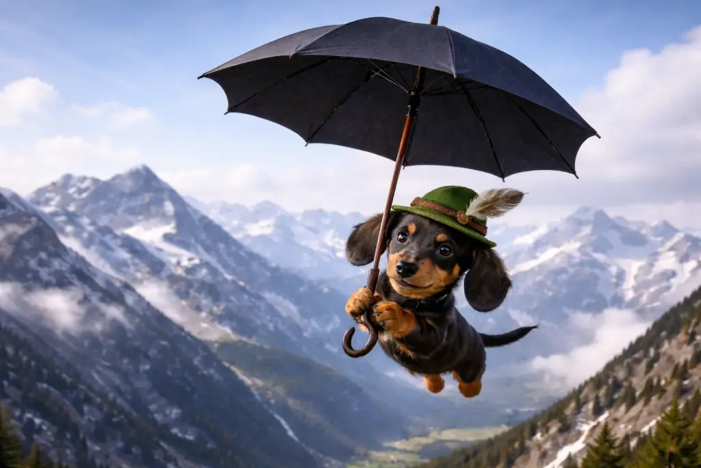 Emmeringer Dackel überquert Alpen mit Regenschirm.